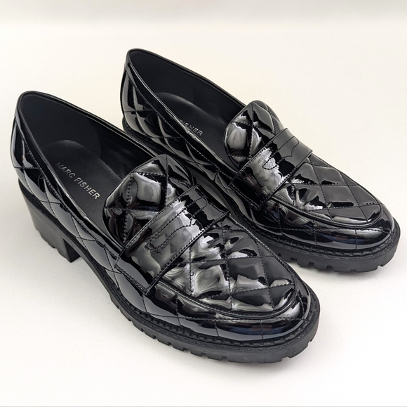 Marc Fisher Dantea Loafers Quilted Detail Faux Patent Leather Chunky Lug Sole 8 - Picture 1 of 14